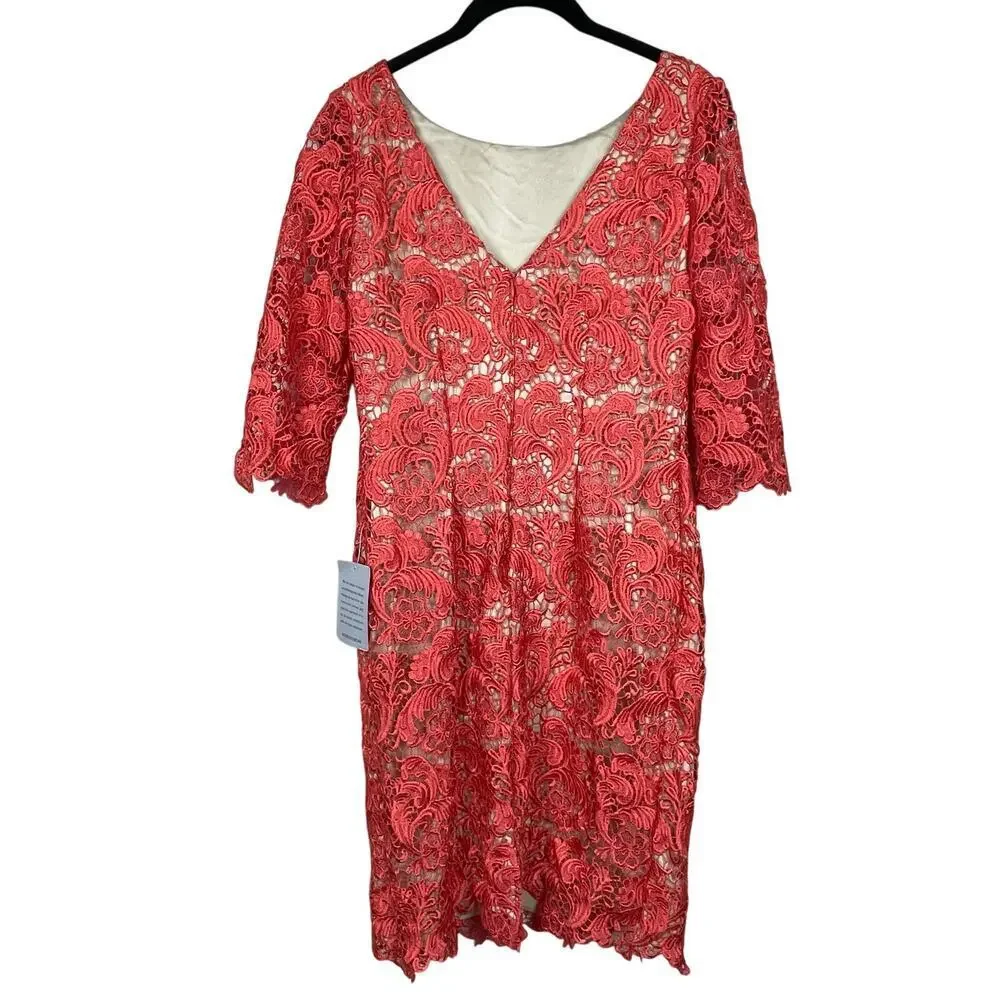 Eliza J Orange Lace Nude Lining Sheath Cocktail 3/4‎ Sleeve Boat Neck Dress Sz 6